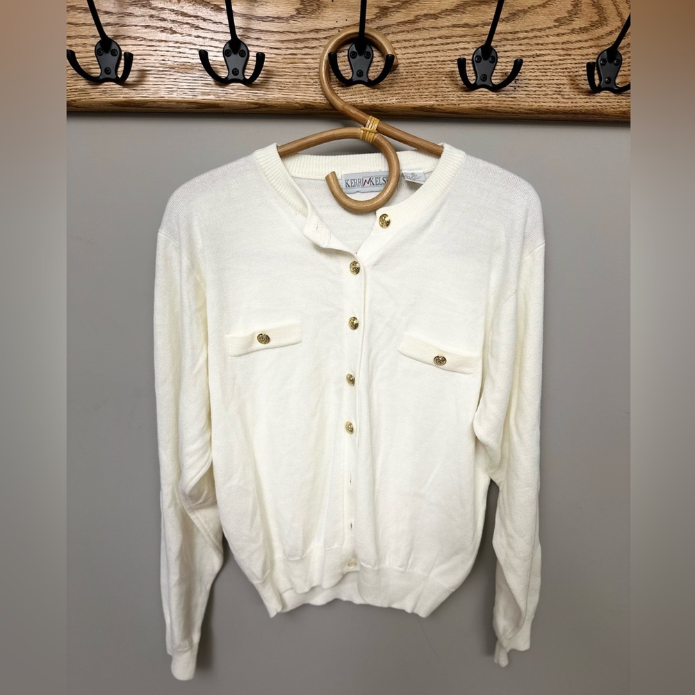 Vintage Kerri Kelsey acrylic sweater with gold buttons